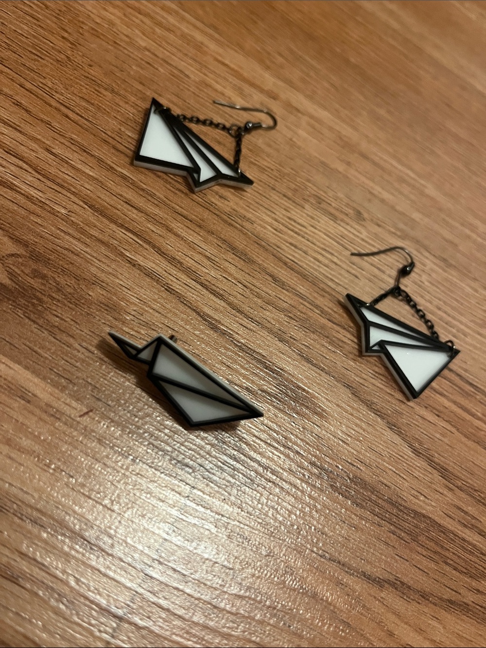 Paper airplanes earrings and pin, lightweight plastic